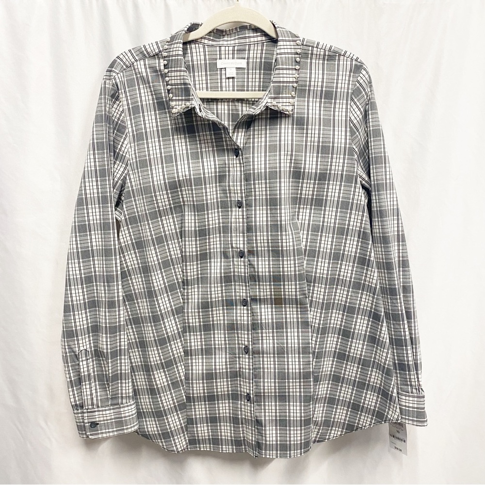 Charter Club Pearl Collar Gray & White Plaid Button Down Shirt - Picture 1 of 10